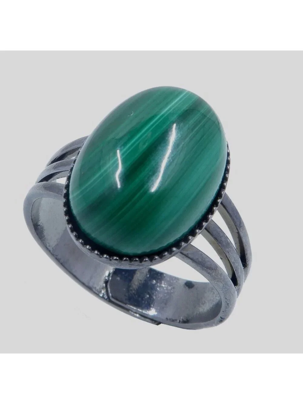 Malachite Ring Tough Gunmetal Adjustable Size 4 to 10 Green Gemstone Boho Jewelr